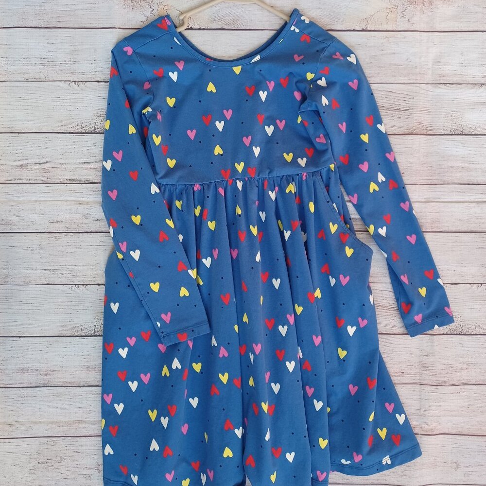 Hanna andersson heart print long sleeve dress. Girls 12 (150cm). Blue.
